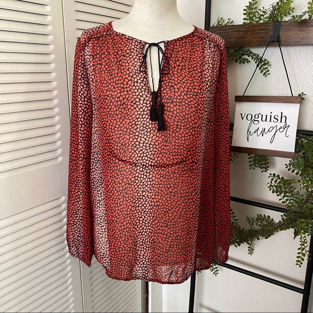 Lane Bryant|14/16|Red Salmon Black Tassel Sheer Cheetah Print Long Sleeve Blouse